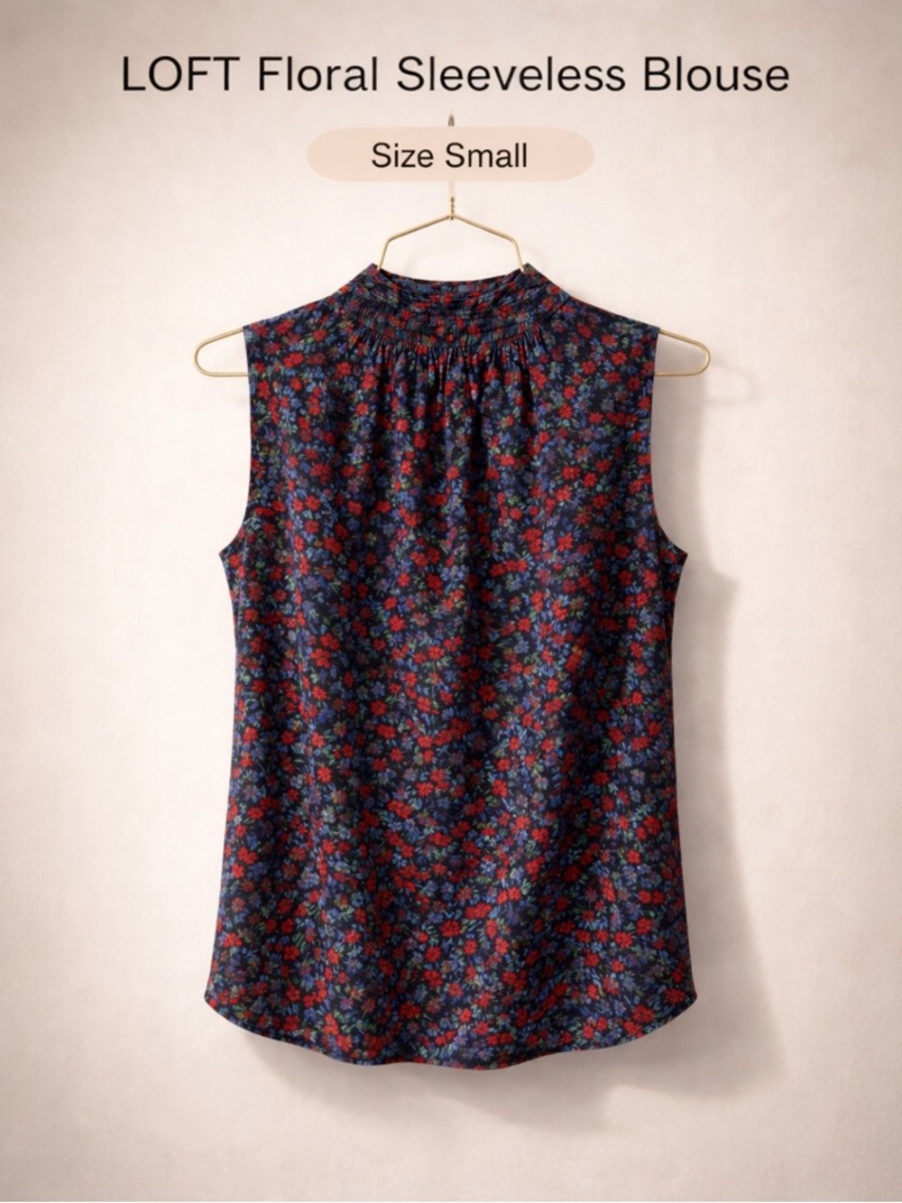 LOFT Floral Blouse Small Sleeveless Tie Neck Navy Red Blue Lightweight Top - Picture 2 of 5